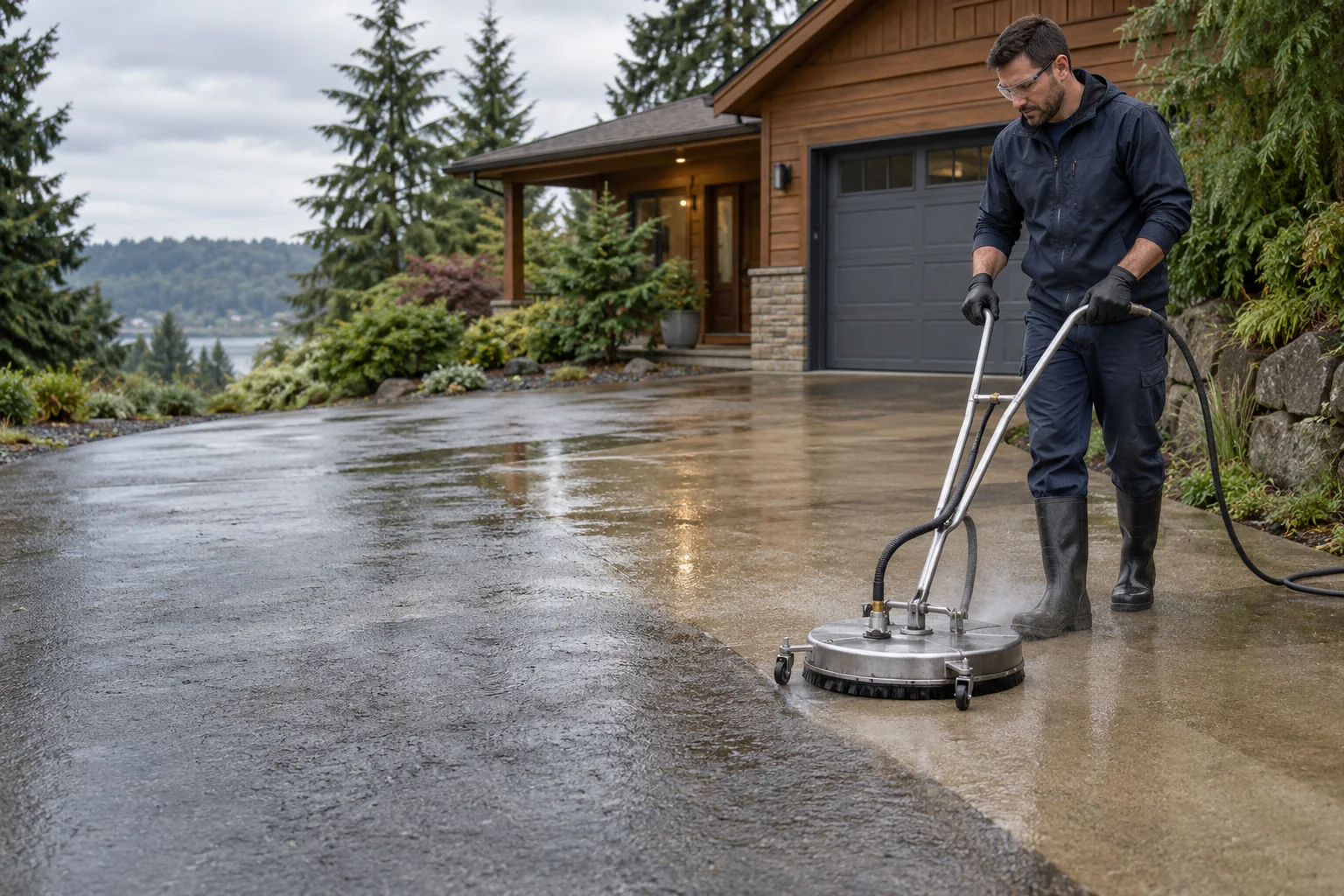 A technician using a rotary surface cleaner on a concrete driveway