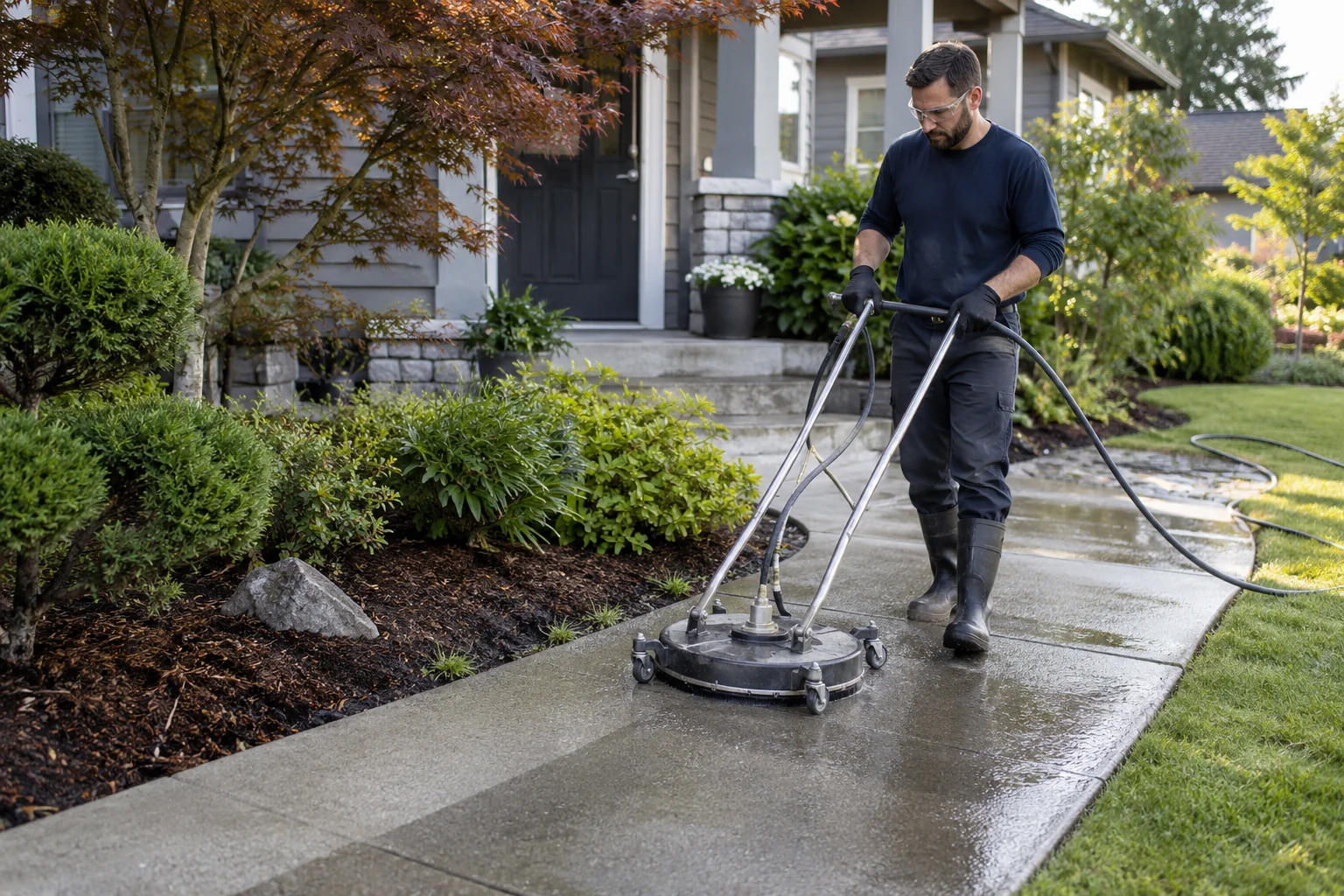 Technician cleaning a residential sidewalk with a rotary surface cleaner